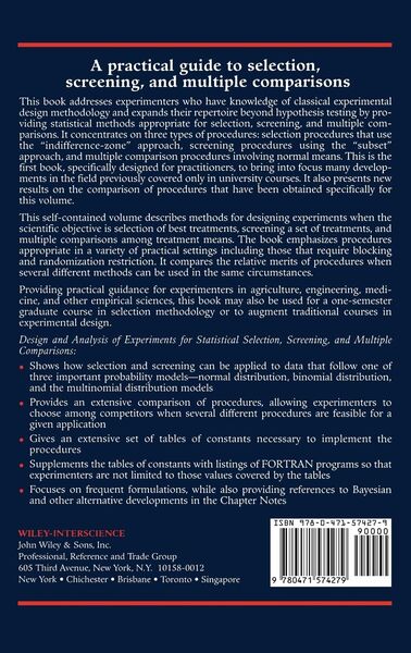 Produktbild: Design and Analysis of Experiments for Statistical Selection, Screening, and Multiple Comparisons