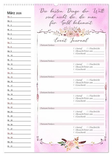 Produktbild: Geburtstagsplaner Boho Rosa - F&uuml;r Termine, Geschenke, Eventdetails & mehr (Wandkalender 2026 DIN A2 hoch), CALVENDO Monatskalender