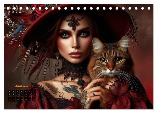 Produktbild: Luxuri&ouml;ser Bohemian Flair - Elegante Frauen mit anmutigen Katzen (Tischkalender 2026 DIN A5 quer), CALVENDO Monatskalender