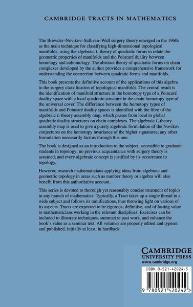 Produktbild: Algebraic L-Theory and Topological Manifolds