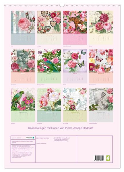 Produktbild: Rosencollagen mit Rosen von Pierre-Joseph Redout&eacute; (Wandkalender 2026 DIN A2 hoch), CALVENDO Monatskalender
