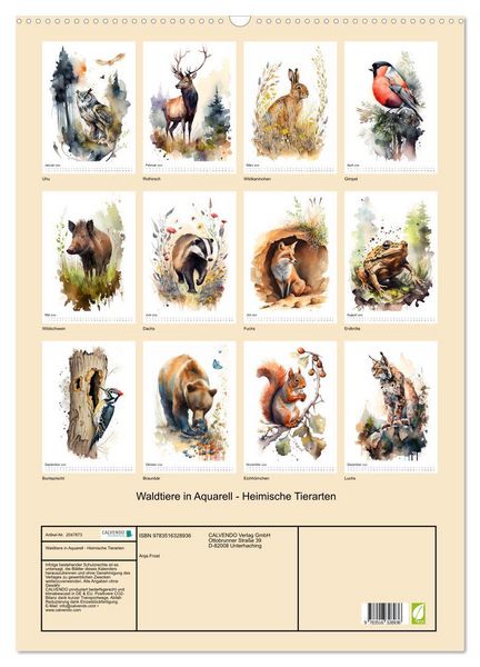 Produktbild: Waldtiere in Aquarell - Heimische Tierarten (Wandkalender 2026 DIN A2 hoch), CALVENDO Monatskalender