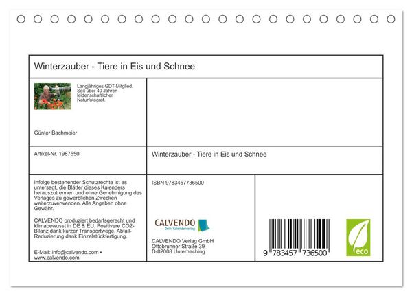 Produktbild: Winterzauber - Tiere in Eis und Schnee (Tischkalender 2026 DIN A5 quer), CALVENDO Monatskalender