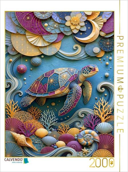 CALVENDO Puzzle Meeresschildkröte und Muscheln - farbenfrohe Collage | 2000 Teile Lege-Größe 90x67cm Foto-Puzzle für glückliche Stunden