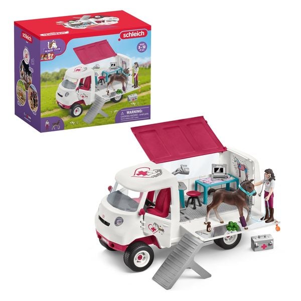 Schleich 42439 - Horse Club, Mobile Tierärztin mit Hannoveraner-Fohlen, Tierarztmobil mit Zubehör, Spielset