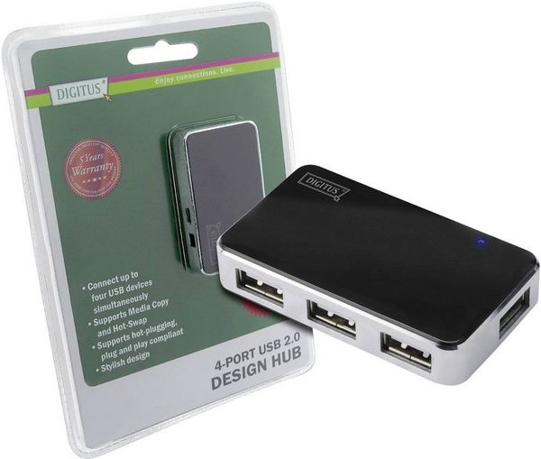 Produktbild: Digitus DA-70220 4 Port USB 2.0-Hub Schwarz, Silber