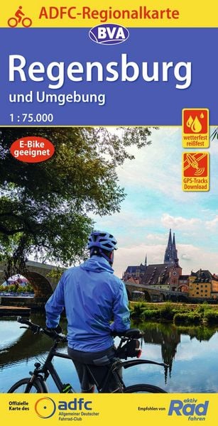 Produktbild: ADFC-Regionalkarte Regensburg und Umgebung, 1:75.000, mit Tagestourenvorschl&auml;gen, rei&szlig;- und wetterfest, E-Bike-geeignet, GPS-Tracks Download