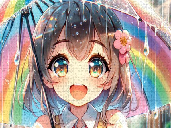 Produktbild: CALVENDO Puzzle Manga M&auml;dchen - Regenbogenfreude unter Tropfen | 1000 Teile Lege-Gr&ouml;&szlig;e 64x48cm Foto-Puzzle f&uuml;r gl&uuml;ckliche Stunden