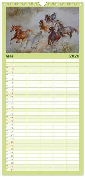 Produktbild: Familienplaner 2026 - Mit Pferden durch die Jahreszeiten - Pferdebilder in &Ouml;l und Aquarell mit 5 Spalten (Wandkalender, 21 x 45 cm) CALVENDO