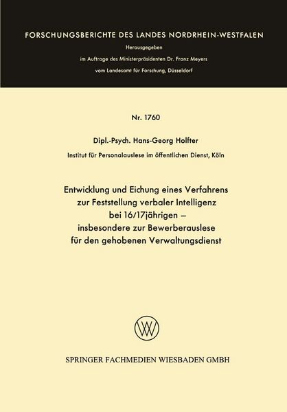 Produktbild: Entwicklung und Eichung eines Verfahrens zur Feststellung verbaler Intelligenz bei 16/17j&auml;hrigen