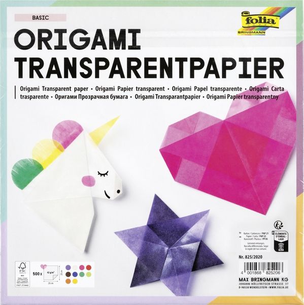 Produktbild: Folia Transparentpapier-Faltbl&auml;tter 42g/m&sup2;, 20x20cm, 500 Blatt, farbig sortiert