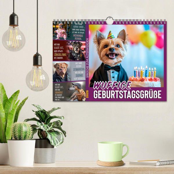 Produktbild: Wuffige Geburtstagsgr&uuml;&szlig;e SPR&Uuml;CHE ZUM &Auml;LTERWERDEN (Wandkalender 2026 DIN A4 quer), CALVENDO Monatskalender