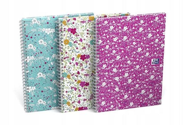 Produktbild: Oxford GO Floral Spiralbuch A5, liniert 7 mm, Softcover mit Soft Touch Finish, wei&szlig;e Doppelspirale, 60 Blatt, Optik Paper, SCRIBZEE-kompatibel, 1 St&uuml;ck sortiert