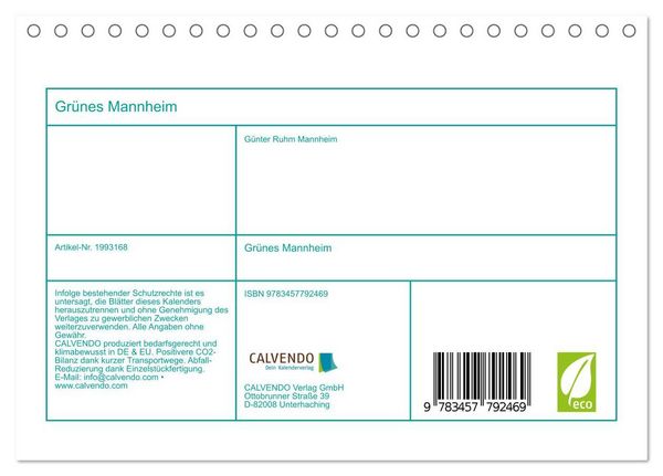 Produktbild: Gr&uuml;nes Mannheim (Tischkalender 2026 DIN A5 quer), CALVENDO Monatskalender