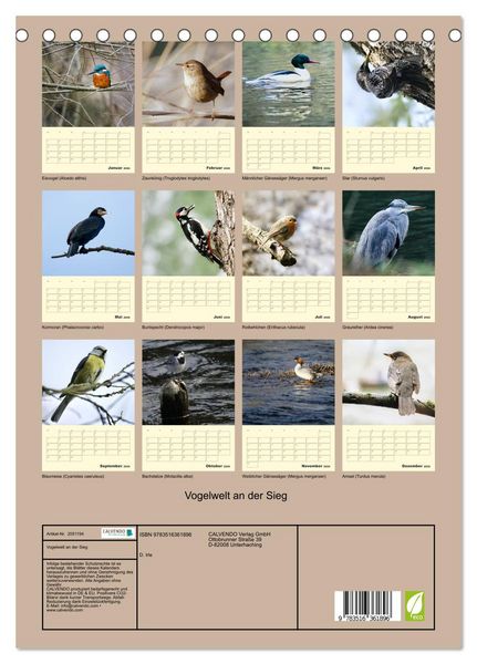 Produktbild: Vogelwelt an der Sieg (Tischkalender 2026 DIN A5 hoch), CALVENDO Monatskalender