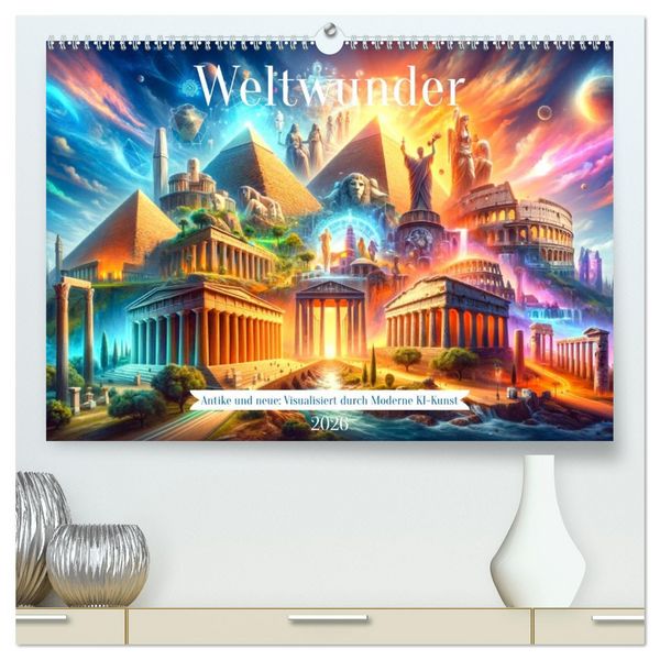 Produktbild: Weltwunder: Antike und neue: Visualisiert durch Moderne KI-Kunst (hochwertiger Premium Wandkalender 2026 DIN A2 quer), Kunstdruck in Hochglanz