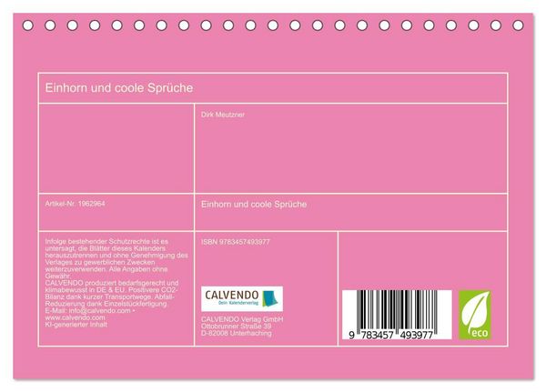 Produktbild: Einhorn und coole Spr&uuml;che (Tischkalender 2026 DIN A5 quer), CALVENDO Monatskalender