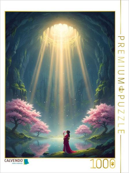 CALVENDO Puzzle Im Sonnenlicht - blühende Kirschbäume in einer Höhle mit Geisha | 1000 Teile Lege-Größe 64 × 48 cm Foto-Puzzle für glückliche Stunden