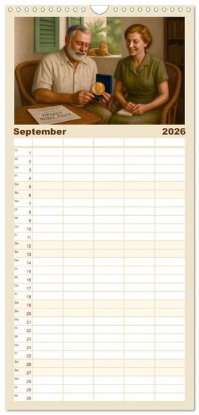 Produktbild: Familienplaner 2026 - Ernest Hemingway mit 5 Spalten (Wandkalender, 21 x 45 cm) CALVENDO