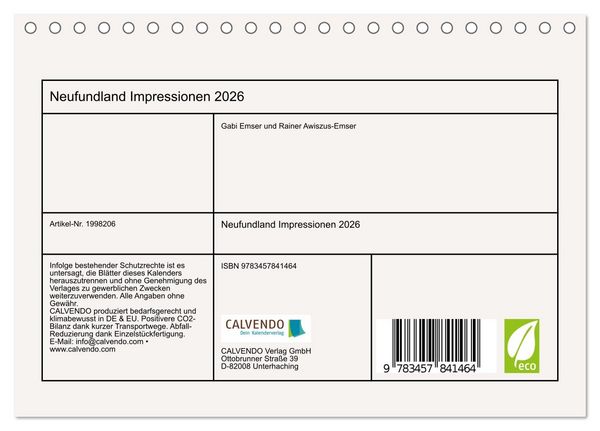 Produktbild: Neufundland Impressionen 2026 (Tischkalender 2026 DIN A5 quer), CALVENDO Monatskalender