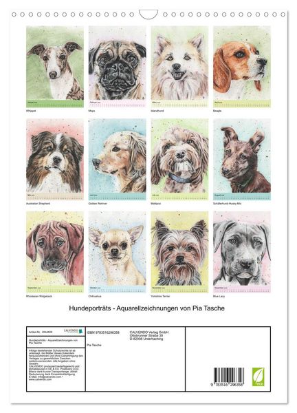 Produktbild: Hundeportr&auml;ts - Aquarellzeichnungen von Pia Tasche (Wandkalender 2026 DIN A3 hoch), CALVENDO Monatskalender