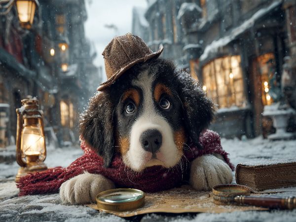 Produktbild: CALVENDO Puzzle Berner Sennenhund als Detektiv im verschneiten Altstadtviertel | 1000 Teile Lege-Gr&ouml;&szlig;e 64x48cm Foto-Puzzle f&uuml;r gl&uuml;ckliche Stunden