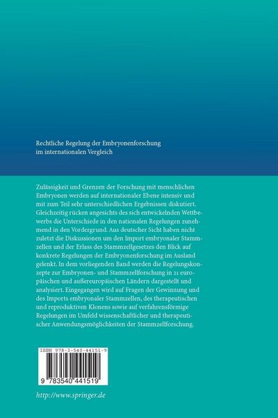 Produktbild: Rechtliche Regelung der Embryonenforschung im internationalen Vergleich