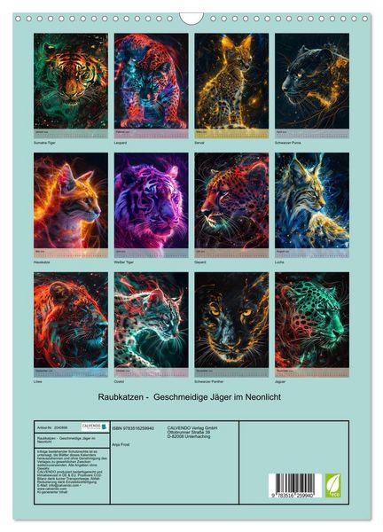 Produktbild: Raubkatzen - Geschmeidige J&auml;ger im Neonlicht (Wandkalender 2026 DIN A3 hoch), CALVENDO Monatskalender