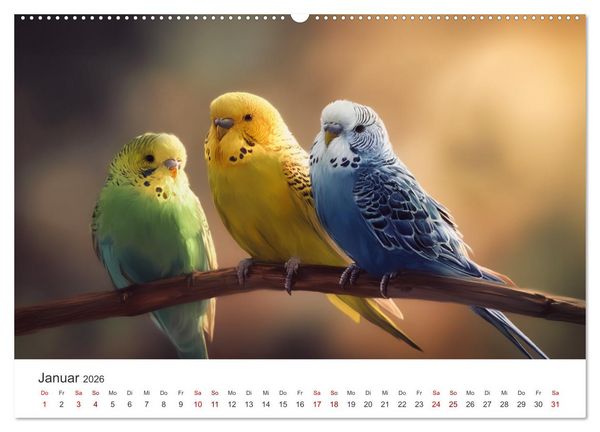 Produktbild: Zwitscherzeit - Ein Kalender voller Wellensittiche (hochwertiger Premium Wandkalender 2026 DIN A2 quer), Kunstdruck in Hochglanz