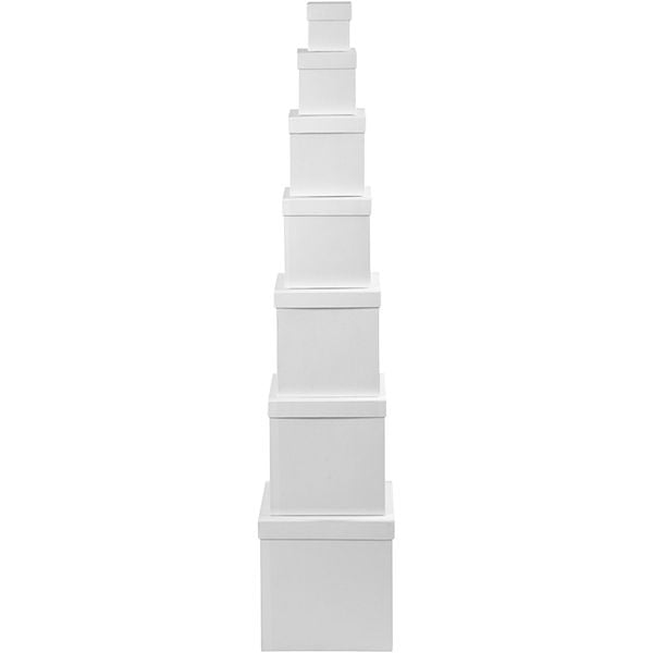 Produktbild: Creativ Company Deckelkartons - Sortiment, Quadratische Form, H 7,5+10+13+15+18+20+23 cm, Wei&szlig;, 7 Stk = 1 Set