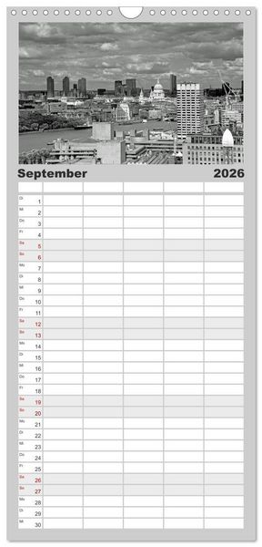 Produktbild: Familienplaner 2026 - London in Schwarz-Wei&szlig; mit 5 Spalten (Wandkalender, 21 x 45 cm) CALVENDO