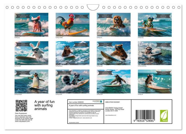 Produktbild: A year of fun with surfing animals (Wall Calendar 2026 DIN A4 landscape), CALVENDO 12 Month Wall Calendar