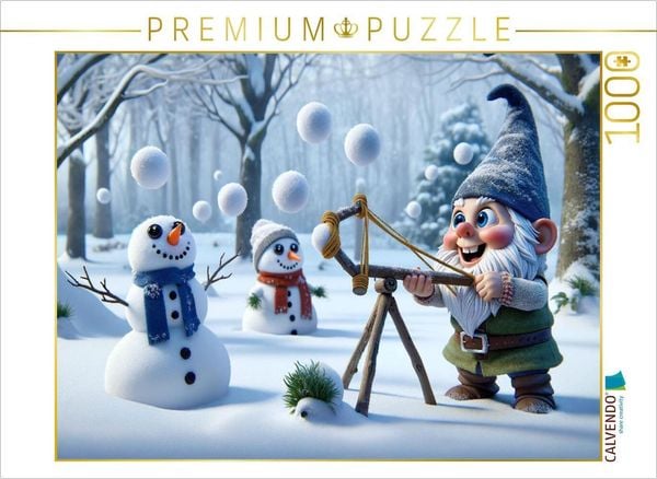 CALVENDO Puzzle Schelmische Winterfreuden: Ein Gartenzwergs Abenteuer im Schnee | 1000 Teile Lege-Größe 64x48cm Foto-Puzzle für glückliche Stunden