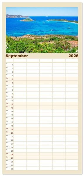 Produktbild: Familienplaner 2026 - Sardinien Insel mit Meerblick mit 5 Spalten (Wandkalender, 21 x 45 cm) CALVENDO
