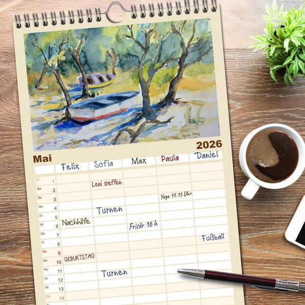 Produktbild: Familienplaner 2026 - Mit Aquarellen durch das Jahr mit 5 Spalten (Wandkalender, 21 x 45 cm) CALVENDO