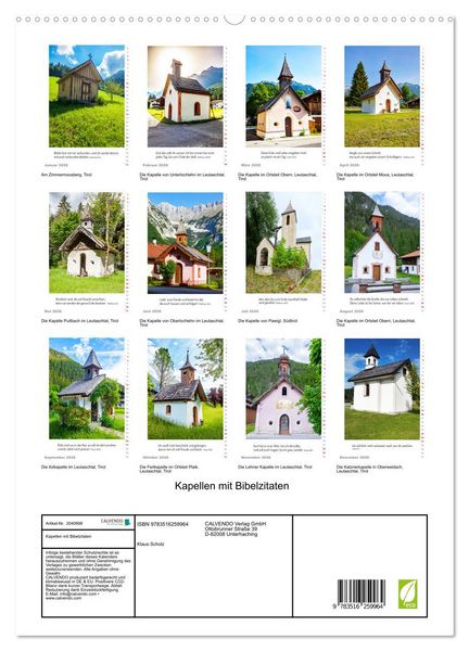 Produktbild: Kapellen mit Bibelzitaten (hochwertiger Premium Wandkalender 2026 DIN A2 hoch), Kunstdruck in Hochglanz