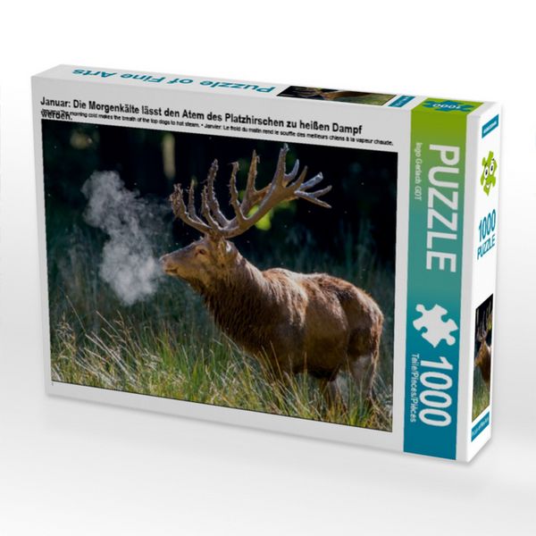 Produktbild: CALVENDO Puzzle Januar: Die Morgenk&auml;lte l&auml;sst den Atem des Platzhirschen zu hei&szlig;en Dampf werden. | 1000 Teile Lege-Gr&ouml;&szlig;e 64x48cm Foto-Puzzle f&uuml;r gl&uuml;ckliche Stunden