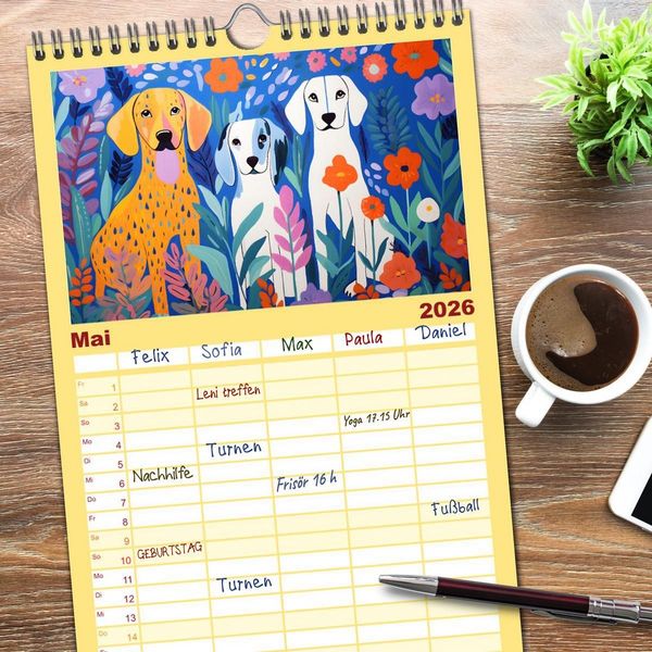 Produktbild: Familienplaner 2026 - Hunde Kunstwerke - Hunde im Stil des Fauvismus k&uuml;nstlerisch gestaltet mit 5 Spalten (Wandkalender, 21 x 45 cm) CALVENDO