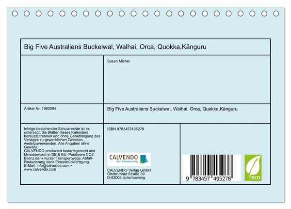 Produktbild: Big Five Australiens Buckelwal, Walhai, Orca, Quokka,K&auml;nguru (Tischkalender 2026 DIN A5 quer), CALVENDO Monatskalender