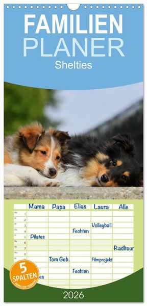 Produktbild: Familienplaner 2026 - Shelties 2026 mit 5 Spalten (Wandkalender, 21 x 45 cm) CALVENDO