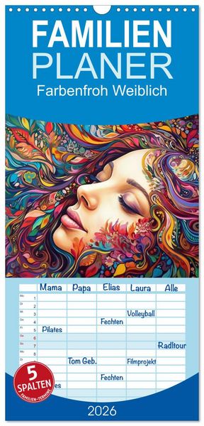 Produktbild: Familienplaner 2026 - Farbenfroh Weiblich mit 5 Spalten (Wandkalender, 21 x 45 cm) CALVENDO