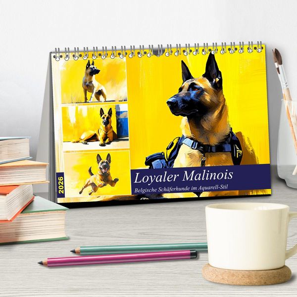 Produktbild: Loyaler Malinois. Belgische Sch&auml;ferhunde im Aquarell-Stil (Tischkalender 2026 DIN A5 quer), CALVENDO Monatskalender