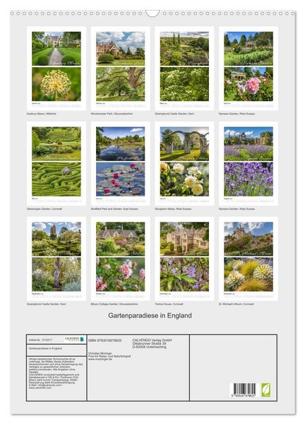 Produktbild: Gartenparadiese in England (Wandkalender 2026 DIN A2 hoch), CALVENDO Monatskalender