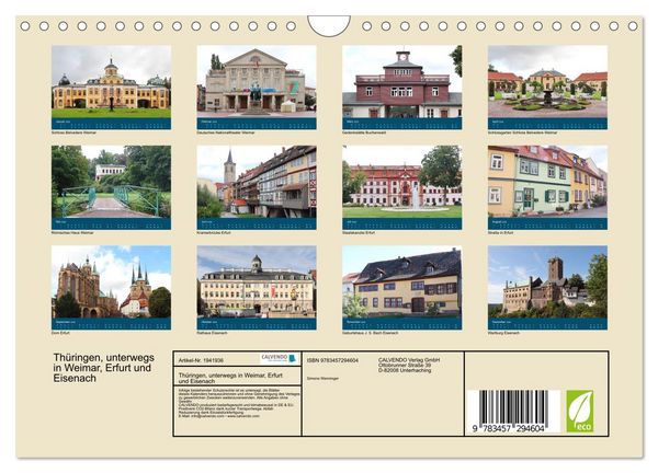 Produktbild: Th&uuml;ringen, unterwegs in Weimar, Erfurt und Eisenach (Wandkalender 2026 DIN A4 quer), CALVENDO Monatskalender