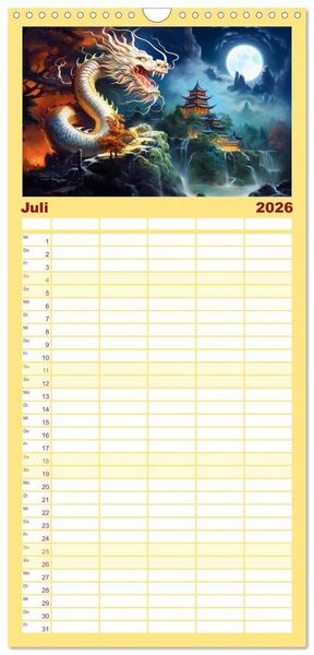 Produktbild: Familienplaner 2026 - Drachen-Jahr - Kalenderplaner im Stile des chinesischen Tierkreiszeichens mit 5 Spalten (Wandkalender, 21 x 45 cm) CALVENDO