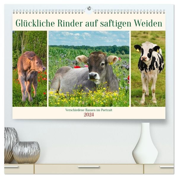 Glückliche Rinder auf saftigen Weiden (hochwertiger Premium Wandkalender 2024 DIN A2 quer), Kunstdruck in Hochglanz
