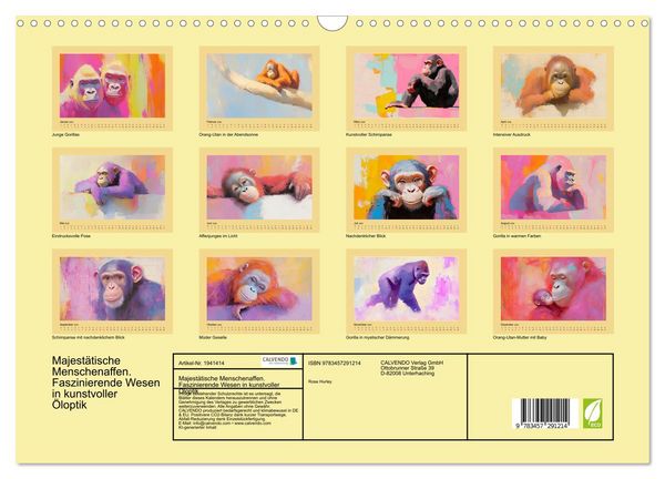 Produktbild: Majest&auml;tische Menschenaffen. Faszinierende Wesen in kunstvoller &Ouml;loptik (Wandkalender 2026 DIN A3 quer), CALVENDO Monatskalender