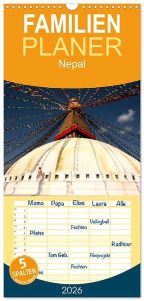 Produktbild: Familienplaner 2026 - Nepal mit 5 Spalten (Wandkalender, 21 x 45 cm) CALVENDO