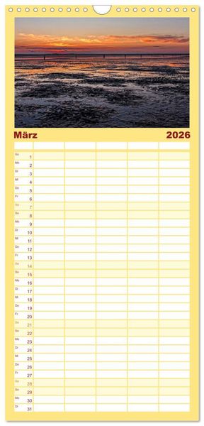 Produktbild: Familienplaner 2026 - Sonnenunterg&auml;nge, an der Nordseek&uuml;ste vor Cuxhaven mit 5 Spalten (Wandkalender, 21 x 45 cm) CALVENDO