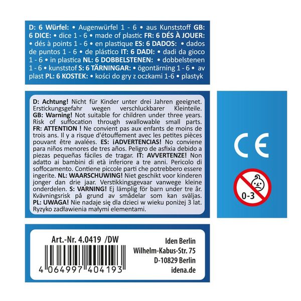 Produktbild: Idena W&uuml;rfel Kunststoff wei&szlig; 16mm 6 St&uuml;ck